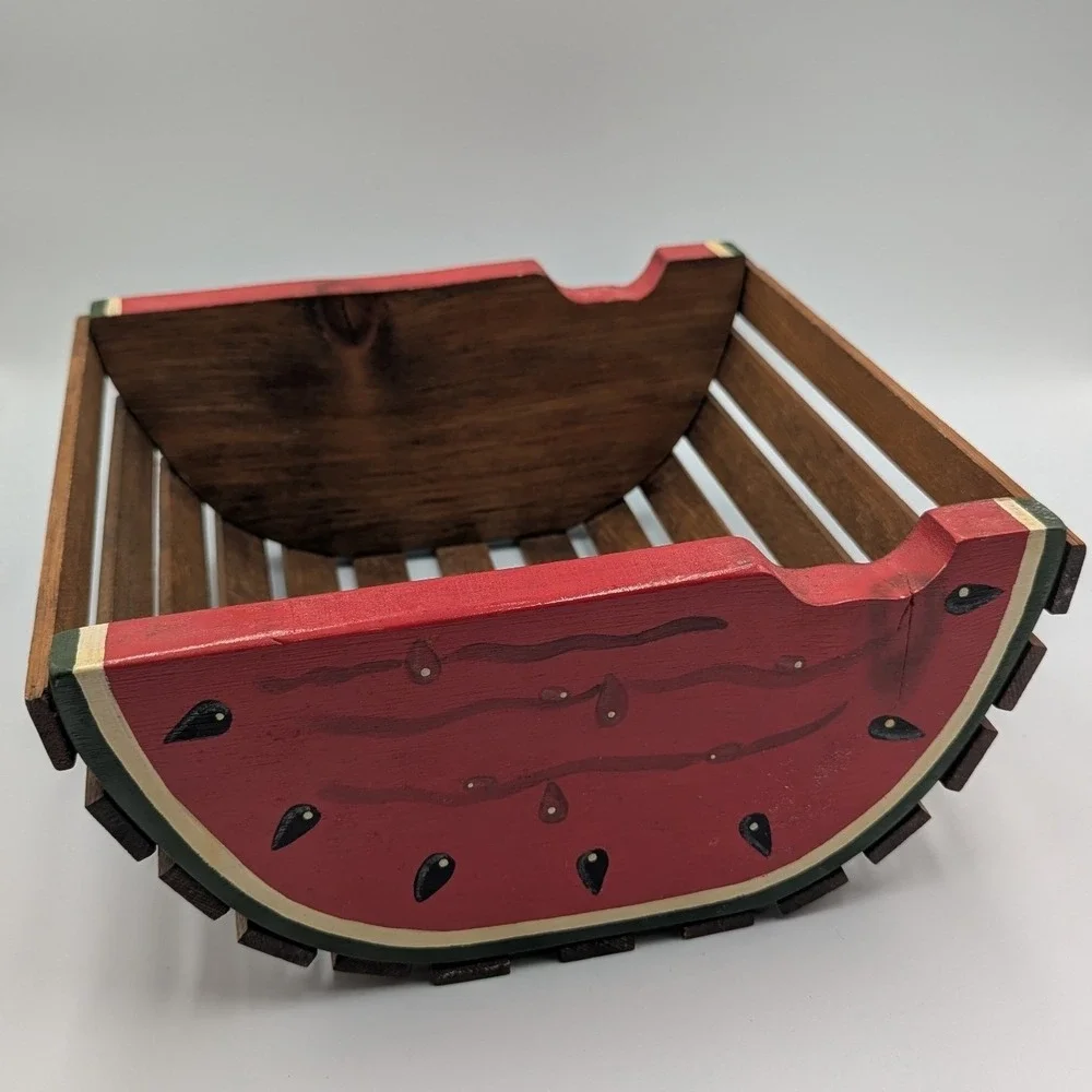 Watermelon Wood Slat Crate Red Green Hand Painted Fruit Basket Cottagecore Fruit